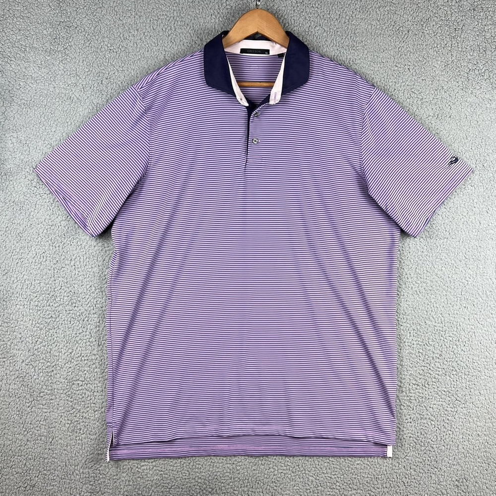 Greyson Polo Shirt Mens Extra Large Purple Striped Golf Casual Polo Wolf Logo